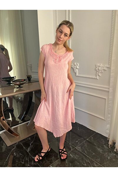Bohemian Women's Pink Asymmetrical Cut Flared Dress
