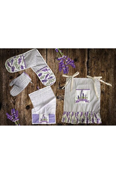 Sister Home Design Lavanta Desen 4’lü Mutfak Seti ; Fırın Önlüğü, Fırın Eldiv...