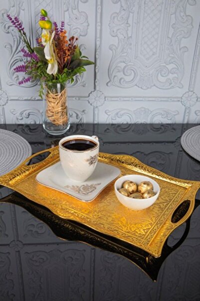 Demmex İŞLEMELİ  ALTIN ÇAY KAHVE  TEPSİSİ