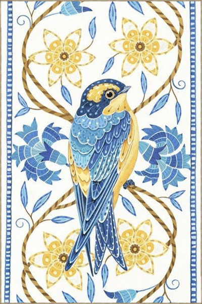 Rugs Modern Halı Yellow Blue Themed Flower and Swallow Patterned Vintage Deco...