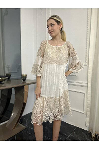 Bohemian Women's Ecru Spanish Sleeve Flared Lace Dress