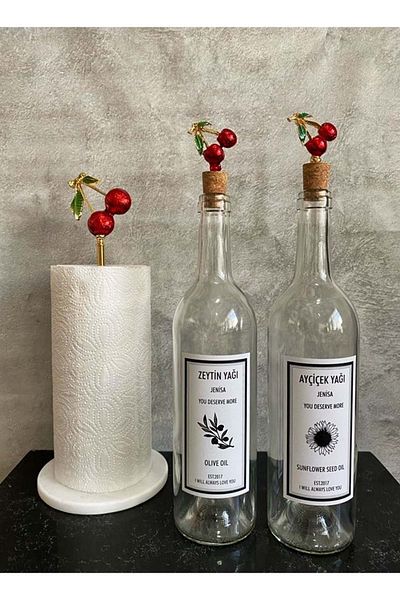 Jenisa Transparent 750 Ml Glass Cherry Cork Stopper Label Oil Pot Marble Towel Holder Set with Cherry Accessories