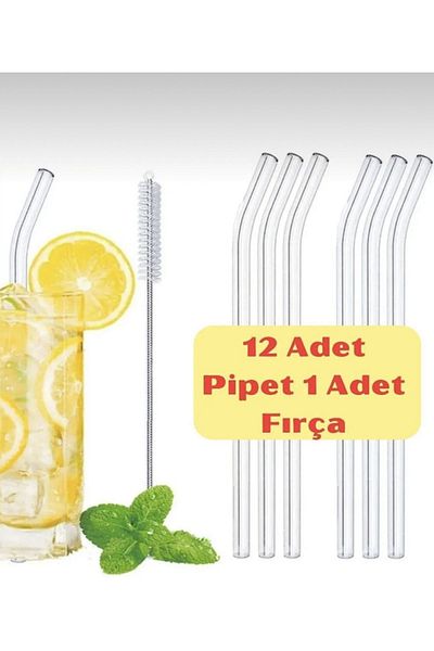 KENAN KAYA 12 Pieces + 1 Piece Heat Resistant Curved Glass Straw and Cleaning Brush