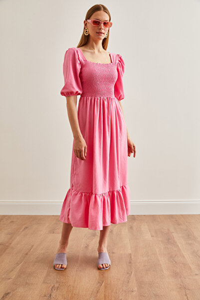 Olalook Kadın Pembe Roba Gipeli Midi Dokuma Elbise ELB-19002185