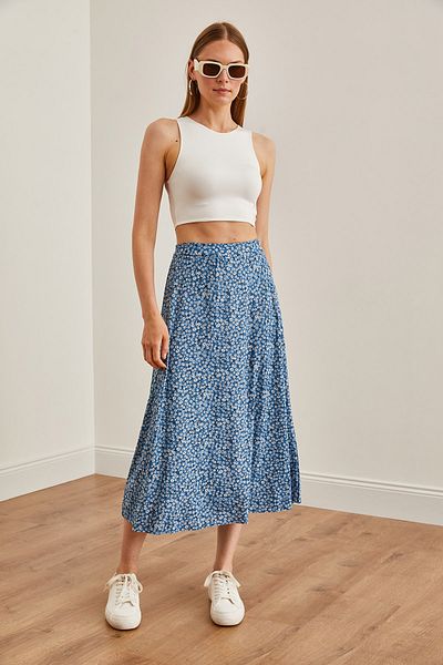 Olalook Langer Damenrock mit Daisy-Indigo-Muster, elastischer Bund ETK-19000259