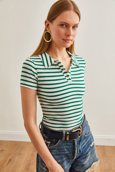 Olalook Emerald Polo γιακάς Χοντρό ριγέ γυναικεία μπλούζα Lycra - με κουμπιά BLZ-19002558