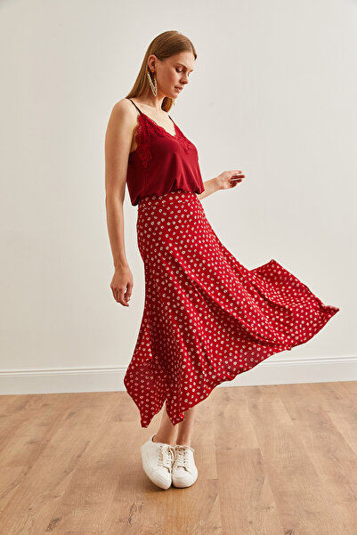 Olalook Red Asymmetric Patterned Little Flower Women's Skirt - ETK-19000122