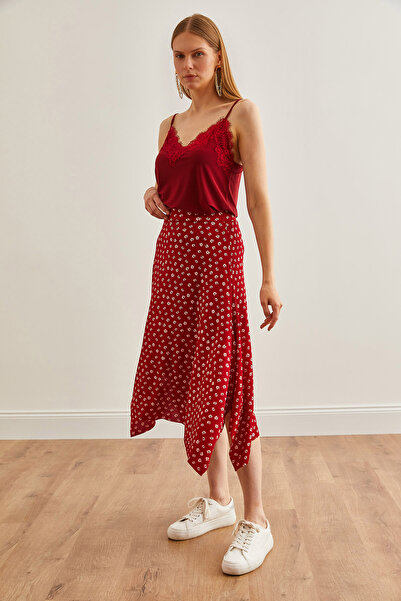 Olalook Red Asymmetric Patterned Little Flower Women's Skirt - ETK-19000122