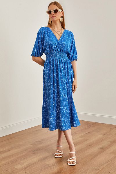 Olalook Rochie midi cu guler dublu cu talie albastră cu buline pentru femei ELB- 19002100