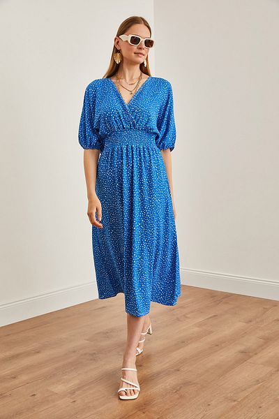 Olalook Rochie midi cu guler dublu cu talie albastră cu buline pentru femei ELB- 19002100