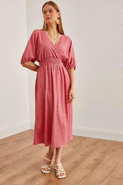 Olalook Damen-Midikleid mit gepunkteter rosa Taille und zweireihigem Ausschnitt ELB- 19002100