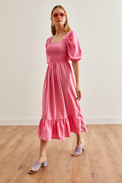 Olalook Kadın Pembe Roba Gipeli Midi Dokuma Elbise ELB-19002185