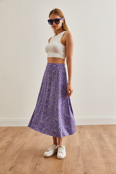 Olalook Daisy Lilac gemusterter langer Damenrock - elastischer Bund ETK-19000259