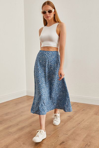 Olalook Langer Damenrock mit Daisy-Indigo-Muster, elastischer Bund ETK-19000259
