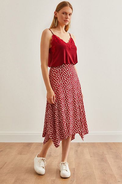 Olalook Roter, asymmetrischer Damenrock mit Gänseblümchenmuster - ETK-19000122