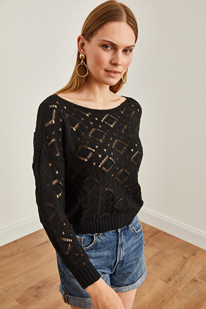 Olalook Kadın Siyah Ajurlu Mevsimlik Yarasa Triko Bluz BLZ-19002666
