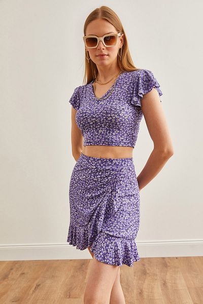 Olalook Lila Blumenmuster Damen Set - Wickelrock TKM-19000140