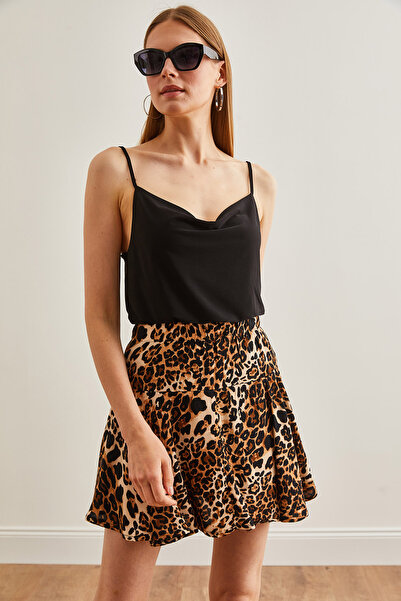 Olalook Leopard Patterned Black Viscose Mini Skirt - ETK-19000272
