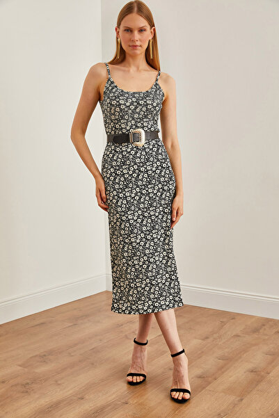 Olalook Black Floral Print Midi Women's Dress - Rope Strap and Side Slit ELB-19002182