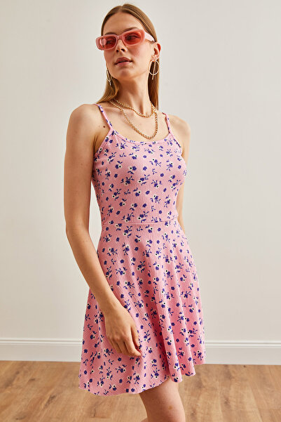 Olalook Γυναικείο φλοράλ ροζ σχοινί λουράκι πλεκτό μίνι φαρδύ φόρεμα ELB- 19001685