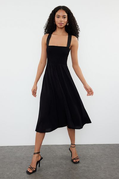 Trendyol Collection Black A-line Strap Stitching Detail Vicone Midi Woven Dress TWOSS24EL00806