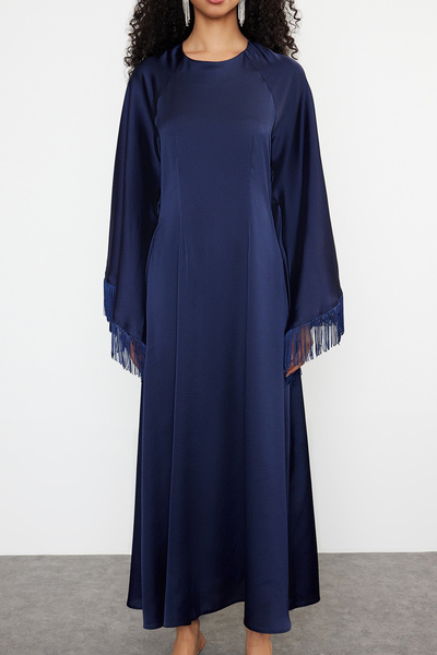 Trendyol Modest Tkané večerní šaty Jalabiya v námořnické modré barvě Otriş TCTSS24DB00053