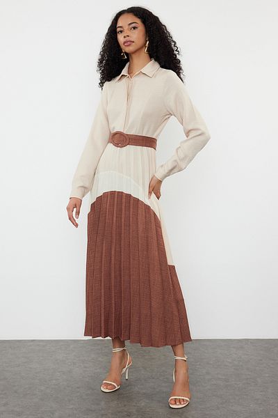 Trendyol Modest Φόρεμα υφαντό πουκάμισο - Μοτίβο σε καφέ μπλοκ TCTSS24EB00119