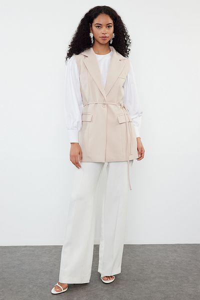 Trendyol Modest Dark Beige Woven Vest - Jacket Collar, Waist Tie Detail and Lining TCTAW24YL00025