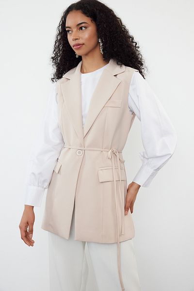 Trendyol Modest Dark Beige Woven Vest - Jacket Collar, Waist Tie Detail and Lining TCTAW24YL00025