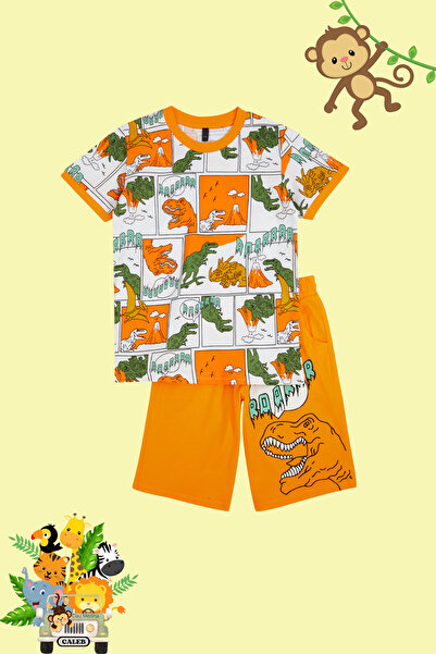TRENDYOLKIDS Boy's Dinosaur Patterned Knitted Set - Orange T-Shirt and Shorts TKDSS24AU00027