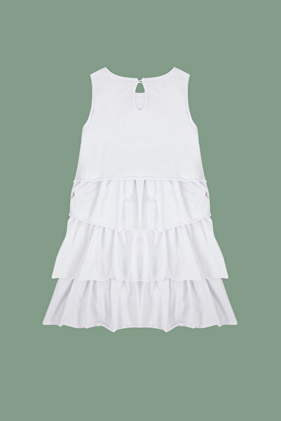 TRENDYOLKIDS Rochie albă din bumbac cu volane pentru fete, fără mâneci, cu decolteu, tricotat Eid TKDSS24EL00001