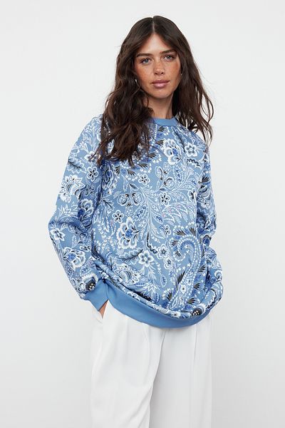 Trendyol Modest Blue Shawl Patterned Oversize Sweatshirt - Diver/Scuba Fiber TCTSS24TW00008