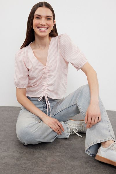Trendyol Collection Μπλούζα με κορδόνι σε σκόνη Gingham TWOSS24BZ00643