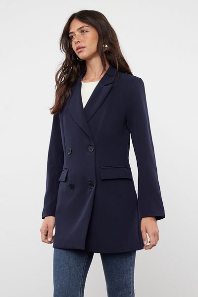 Trendyol Modest Marineblaue, gefütterte Blazer-Webjacke mit zwei Knöpfen und Taschendetail TCTAW22CK0007