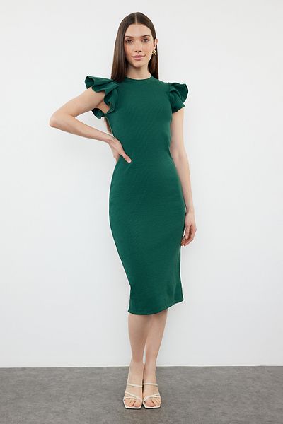 Trendyol Collection Ριμπ Πράσινο Πλεκτό Φόρεμα Μίντι - Μανίκια Φλουριά, TWOSS23EL01708