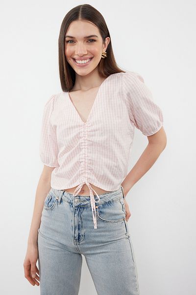 Trendyol Collection Μπλούζα με κορδόνι σε σκόνη Gingham TWOSS24BZ00643