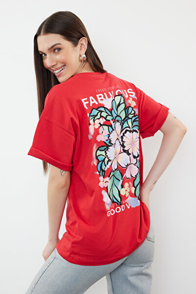 Trendyol Collection Red Oversize Knitted T-Shirt - Back and Front Printed, 100% Cotton - TWOSS24TS00183