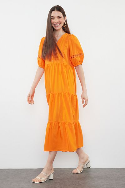 Trendyol Collection Помаранчева сукня міді з попліну Duz Shift TWOSS24EL00906