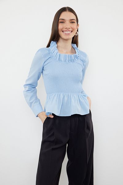 Trendyol Collection Μπλε μπλούζα Frilly ελαστική υφαντή TWOSS24BZ00531