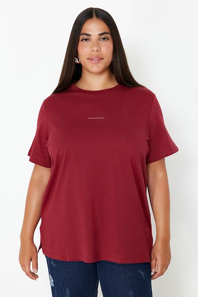 Trendyol Curve Plus Size ClareT Red kniTTed T-Shirt - Crew Neck, PrinTed TBBSS24BF00070