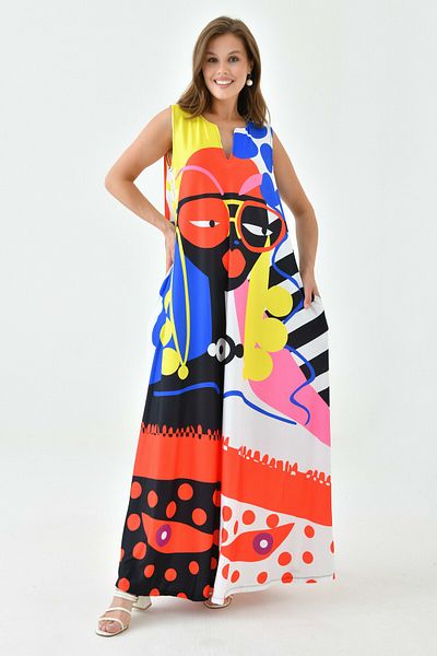 WOMAN VISION Rochie maxi oversize cu imprimeu digital - cu buzunar, fără mâneci, 10082