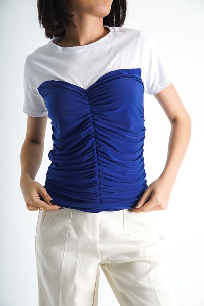 Moda Değirmeni Tricou cu decolteu alb-albastru pentru femei - Drapat, BG1193-314-0001