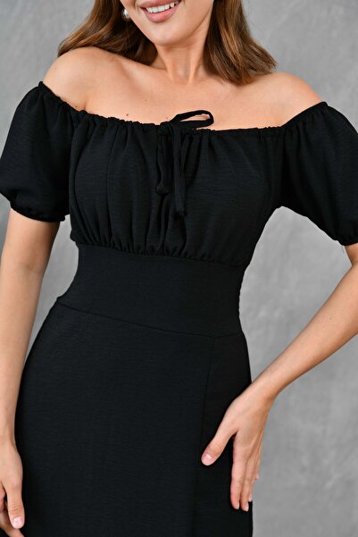 bayansepeti Sırtı Gipeli Göğüsü Büzgü Detaylı Yırtmaçlı Midi Boy Kısa Kollu Yazlık Siyah Elbise 104