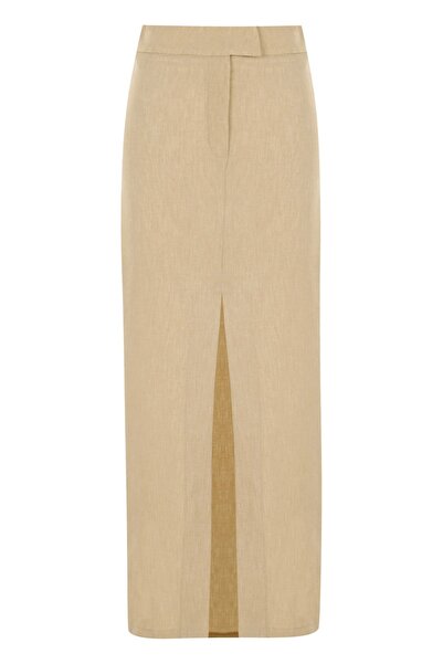 Whenever Company Krem Normal Bel Önden Yırtmaçlı Midi Etek