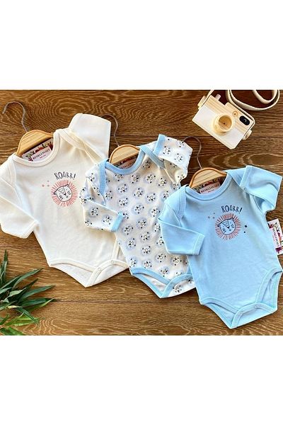 Renkli Puset 3-Piece Combed Cotton Baby Long Sleeve Bodysuit Set Lion Pink Blue