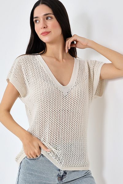 Devinka Tricou supradimensionat cu decolteu în V pentru damă bej - Croială confortabilă