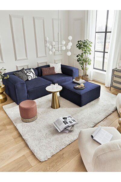 S Home Design Concept Frida 3 Modül Köşe (2 MODÜL VE PUF TAKIM), Keten, Lacivert