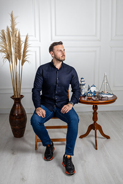 Sarar İnterview Sarar Goias Düğmeli Yaka Slim Fit Keten Koyu Lacivert Gömlek