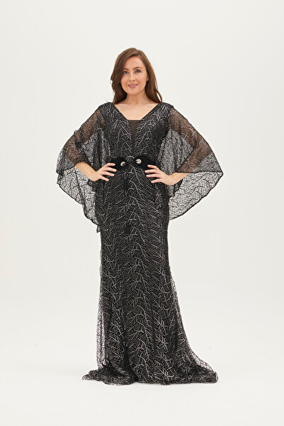 ALİS DRESS PELERİN KOL DETAYLI SİYAH ABİYE