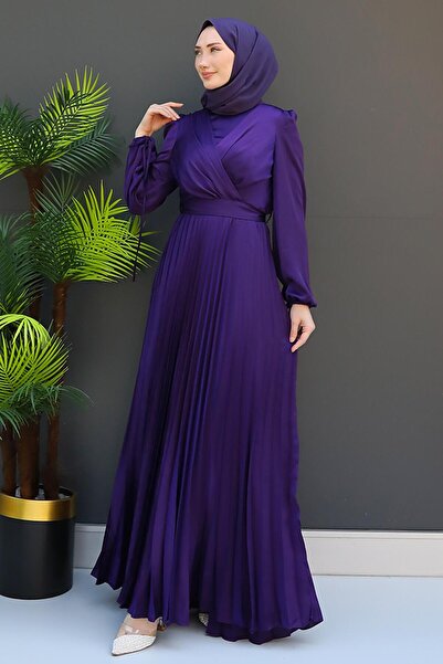 GİZ AGİYİM Purple Pleated Dress - Sleeve Tied